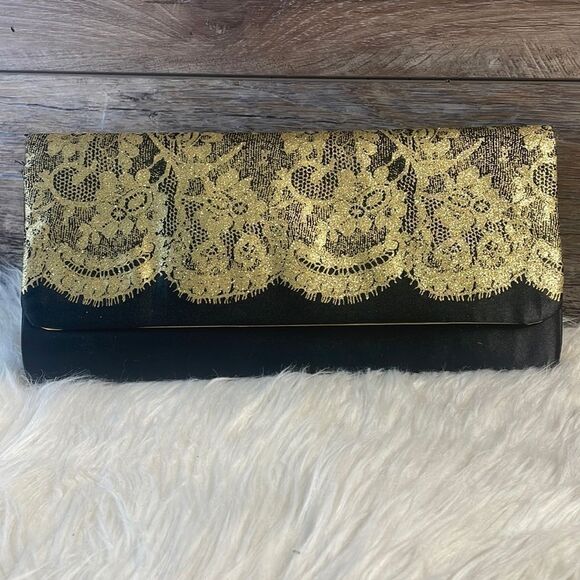 Black Clutch Evening Bag with Gold Lace Glitter Trim - Picture 4 of 8